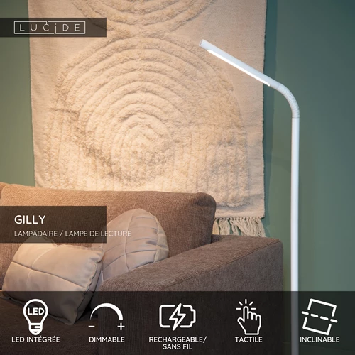 Lucide GILLY - Lampadaire / lampe de lecture Rechargeable - Batterie/Piles - LED Dim. - 1x6W 2700K - Blanc - USP